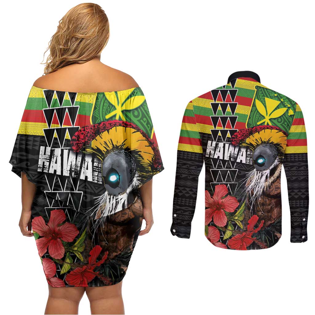 Kanaka Maoli Ikaika Warrior Couples Matching Off Shoulder Short Dress and Long Sleeve Button Shirt Hibiscus Kakau Art and Tapa Tribal Pattern LT03 - Polynesian Pride