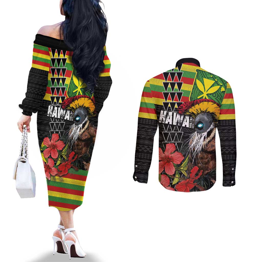 Kanaka Maoli Ikaika Warrior Couples Matching Off The Shoulder Long Sleeve Dress and Long Sleeve Button Shirt Hibiscus Kakau Art and Tapa Tribal Pattern LT03 - Polynesian Pride