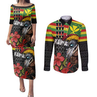 Kanaka Maoli Ikaika Warrior Couples Matching Puletasi and Long Sleeve Button Shirt Hibiscus Kakau Art and Tapa Tribal Pattern LT03 Black - Polynesian Pride