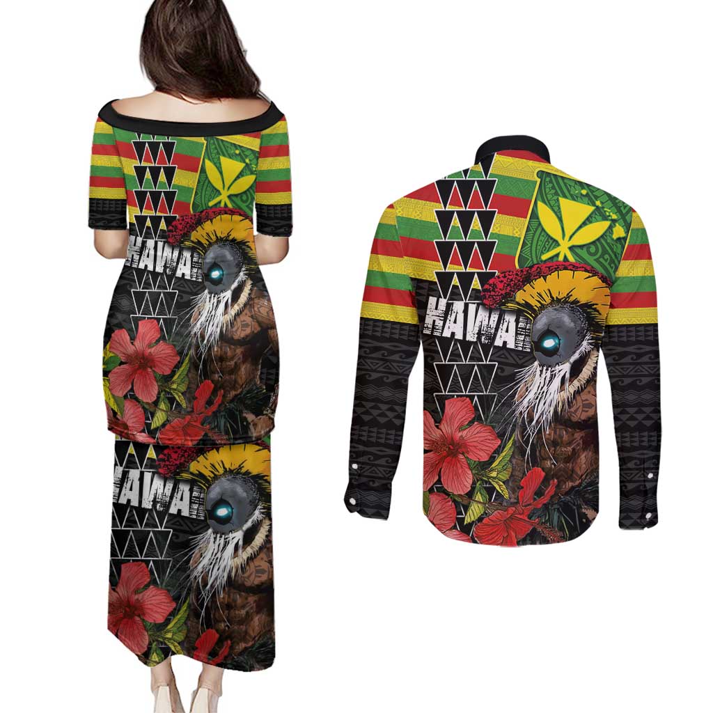 Kanaka Maoli Ikaika Warrior Couples Matching Puletasi and Long Sleeve Button Shirt Hibiscus Kakau Art and Tapa Tribal Pattern LT03 - Polynesian Pride