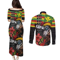 Kanaka Maoli Ikaika Warrior Couples Matching Puletasi and Long Sleeve Button Shirt Hibiscus Kakau Art and Tapa Tribal Pattern LT03 - Polynesian Pride