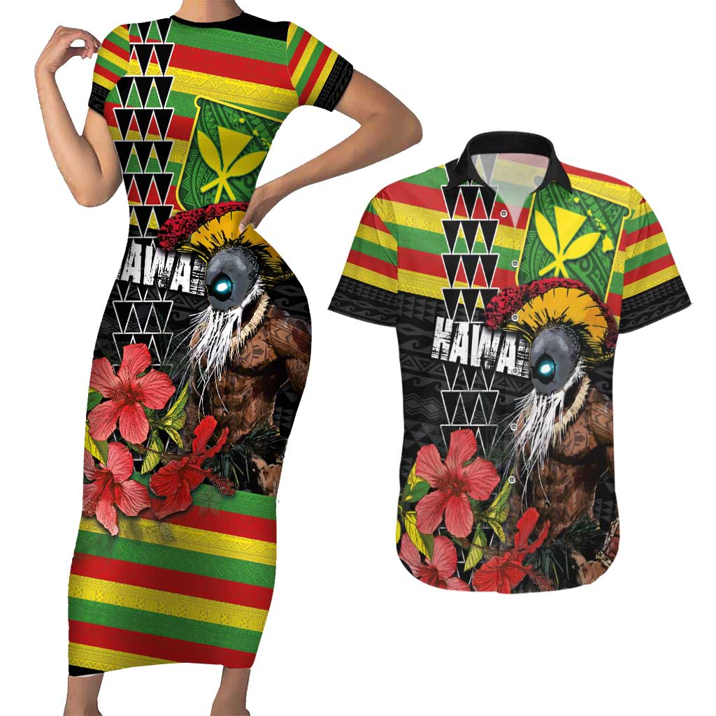 Kanaka Maoli Ikaika Warrior Couples Matching Short Sleeve Bodycon Dress and Hawaiian Shirt Hibiscus Kakau Art and Tapa Tribal Pattern LT03 Black - Polynesian Pride