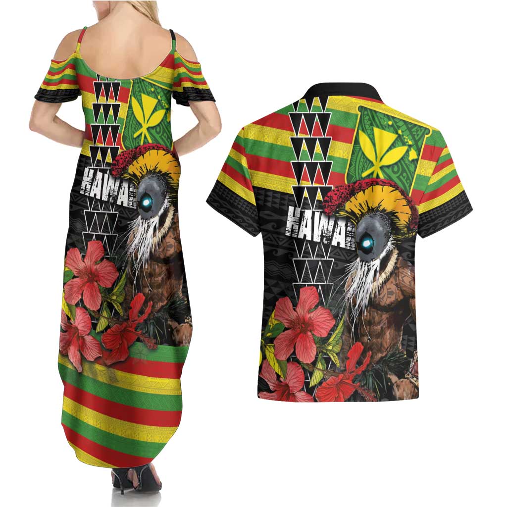Kanaka Maoli Ikaika Warrior Couples Matching Summer Maxi Dress and Hawaiian Shirt Hibiscus Kakau Art and Tapa Tribal Pattern LT03 - Polynesian Pride
