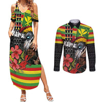 Kanaka Maoli Ikaika Warrior Couples Matching Summer Maxi Dress and Long Sleeve Button Shirt Hibiscus Kakau Art and Tapa Tribal Pattern LT03 Black - Polynesian Pride