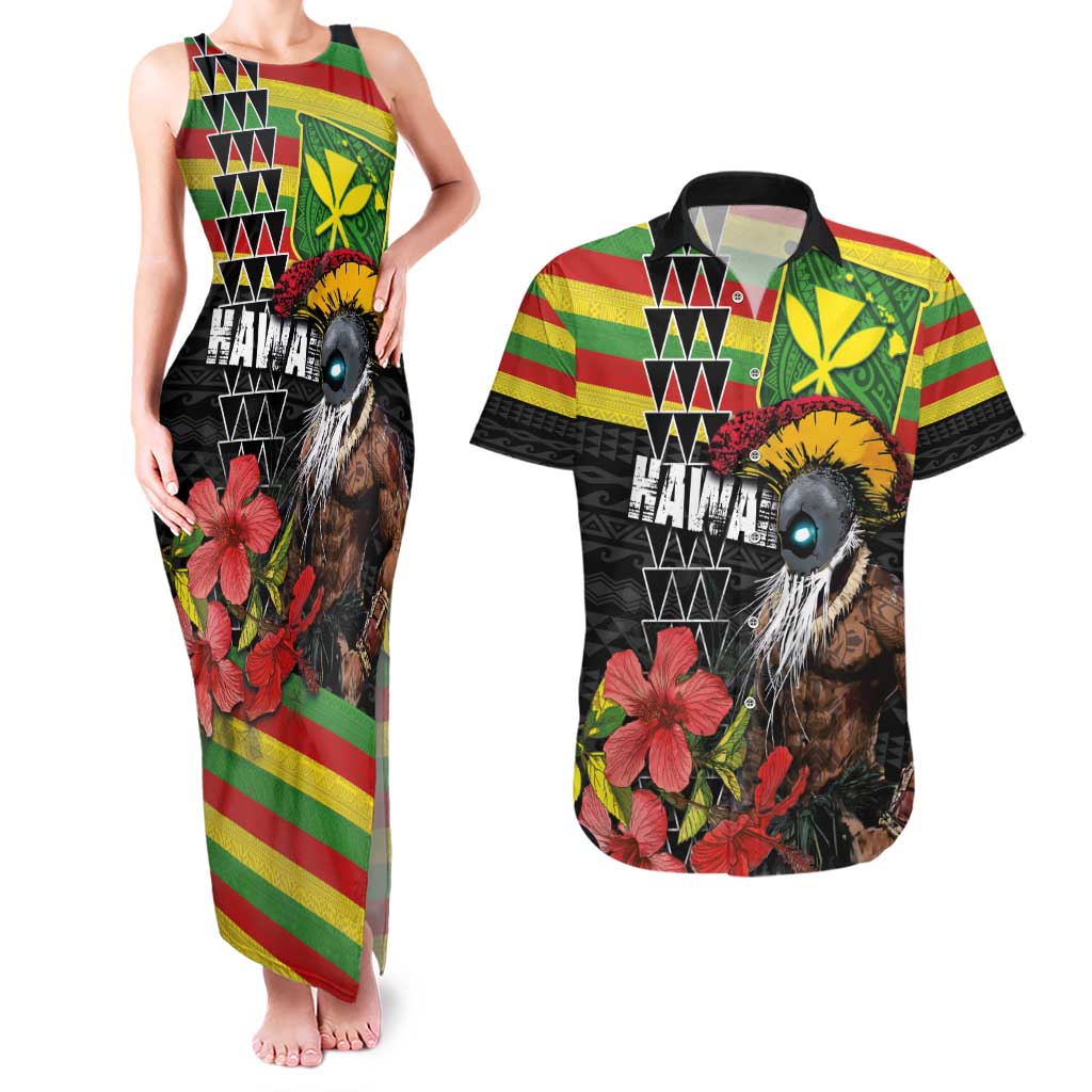 Kanaka Maoli Ikaika Warrior Couples Matching Tank Maxi Dress and Hawaiian Shirt Hibiscus Kakau Art and Tapa Tribal Pattern LT03 Black - Polynesian Pride
