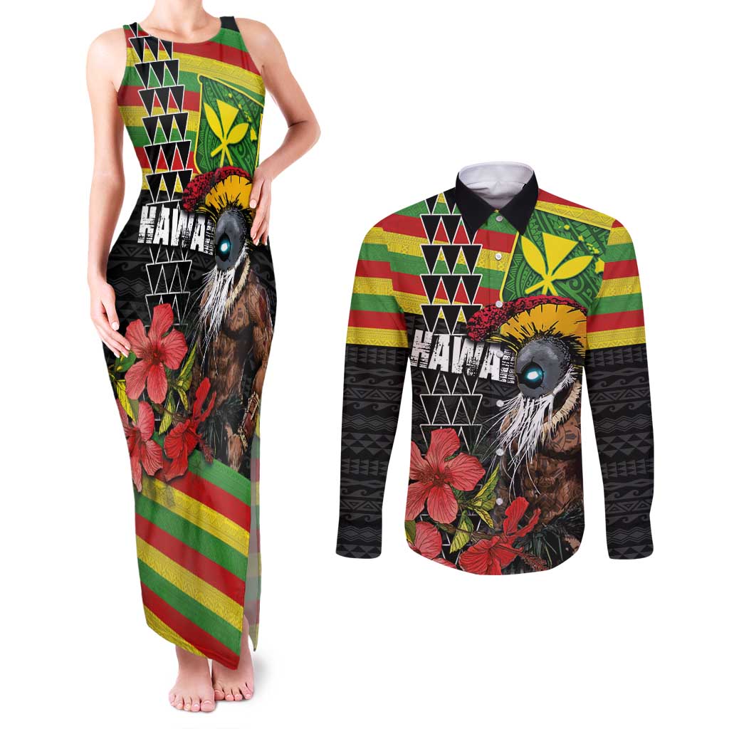 Kanaka Maoli Ikaika Warrior Couples Matching Tank Maxi Dress and Long Sleeve Button Shirt Hibiscus Kakau Art and Tapa Tribal Pattern LT03 Black - Polynesian Pride