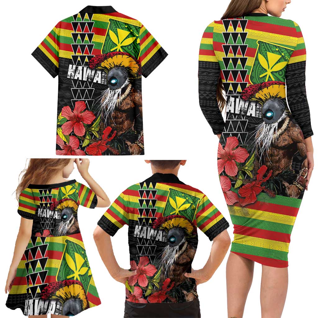 Kanaka Maoli Ikaika Warrior Family Matching Long Sleeve Bodycon Dress and Hawaiian Shirt Hibiscus Kakau Art and Tapa Tribal Pattern LT03 - Polynesian Pride