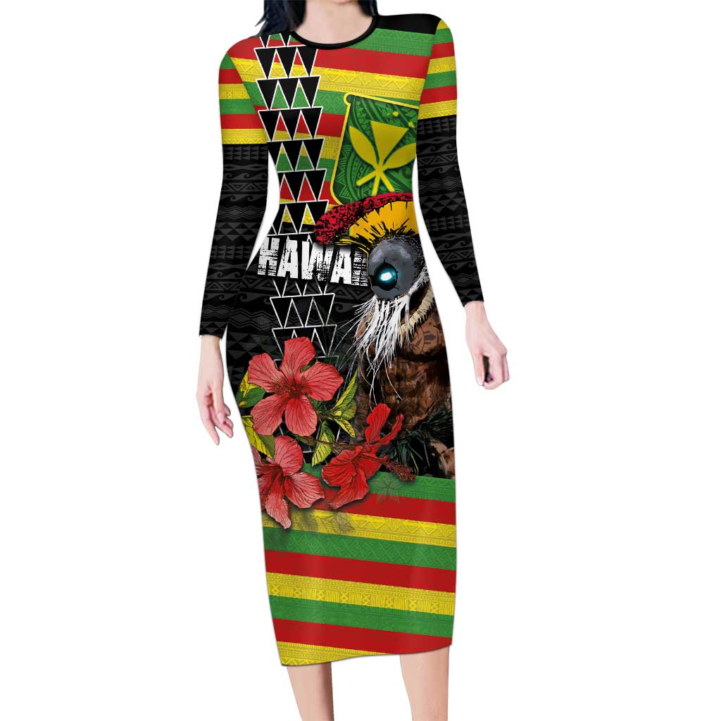 Kanaka Maoli Ikaika Warrior Family Matching Long Sleeve Bodycon Dress and Hawaiian Shirt Hibiscus Kakau Art and Tapa Tribal Pattern LT03 Mom's Dress Black - Polynesian Pride