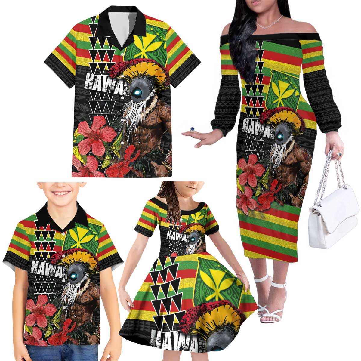 Kanaka Maoli Ikaika Warrior Family Matching Off The Shoulder Long Sleeve Dress and Hawaiian Shirt Hibiscus Kakau Art and Tapa Tribal Pattern LT03 - Polynesian Pride
