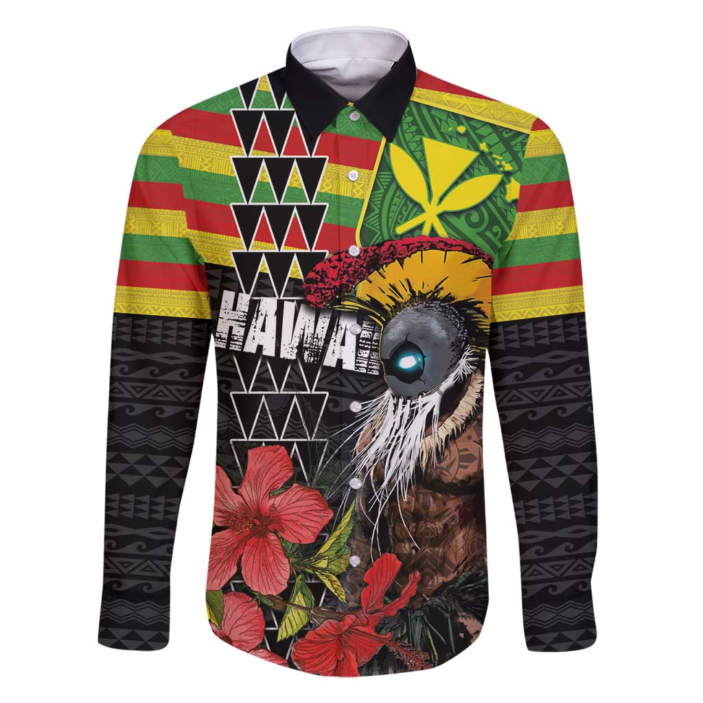 Kanaka Maoli Ikaika Warrior Family Matching Off Shoulder Short Dress and Hawaiian Shirt Hibiscus Kakau Art and Tapa Tribal Pattern LT03 Dad's Shirt - Long Sleeve Black - Polynesian Pride