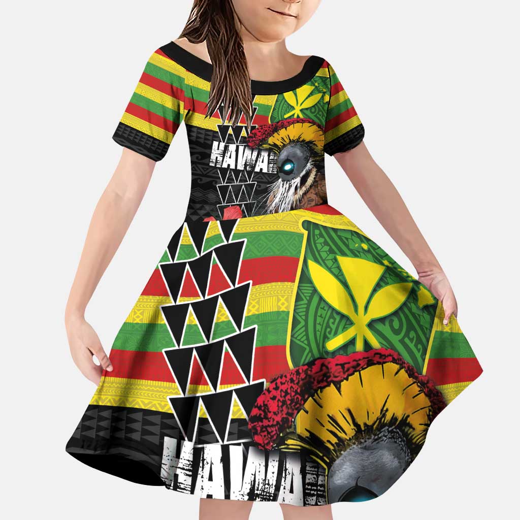 Kanaka Maoli Ikaika Warrior Family Matching Puletasi and Hawaiian Shirt Hibiscus Kakau Art and Tapa Tribal Pattern LT03 Daughter's Dress Black - Polynesian Pride