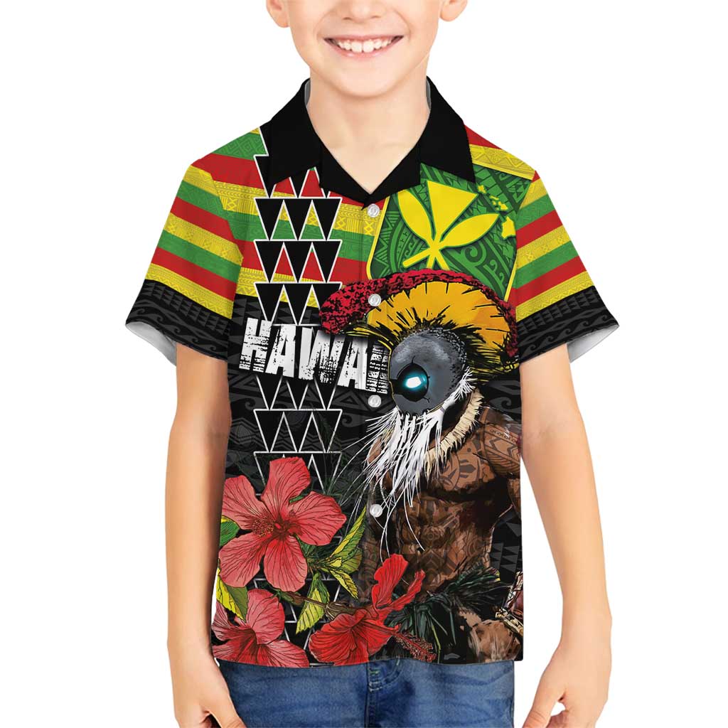 Kanaka Maoli Ikaika Warrior Family Matching Puletasi and Hawaiian Shirt Hibiscus Kakau Art and Tapa Tribal Pattern LT03 Son's Shirt Black - Polynesian Pride