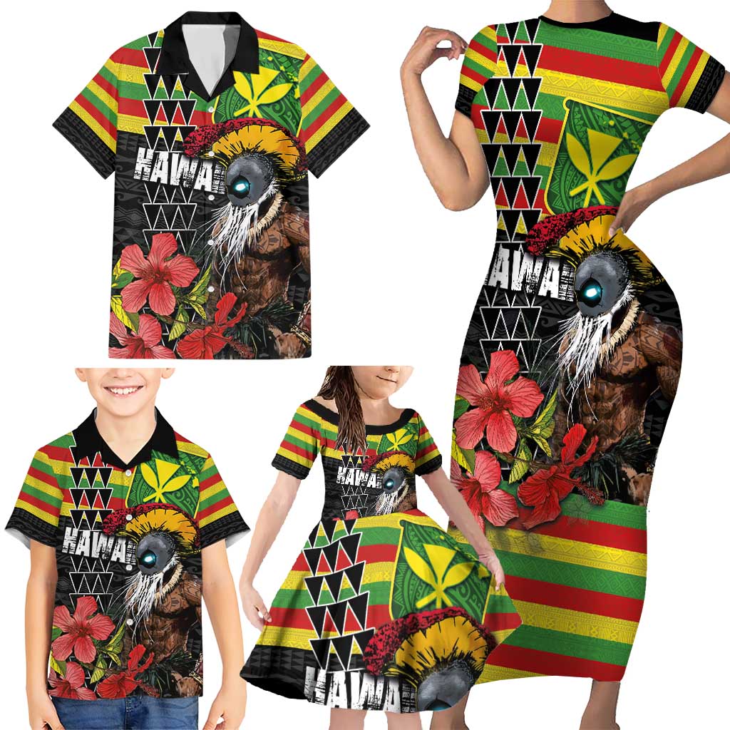 Kanaka Maoli Ikaika Warrior Family Matching Short Sleeve Bodycon Dress and Hawaiian Shirt Hibiscus Kakau Art and Tapa Tribal Pattern LT03 - Polynesian Pride