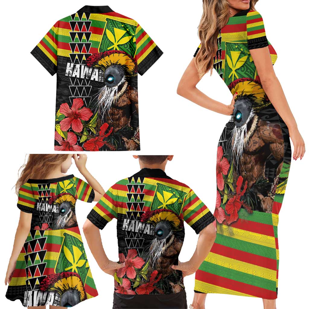 Kanaka Maoli Ikaika Warrior Family Matching Short Sleeve Bodycon Dress and Hawaiian Shirt Hibiscus Kakau Art and Tapa Tribal Pattern LT03 - Polynesian Pride