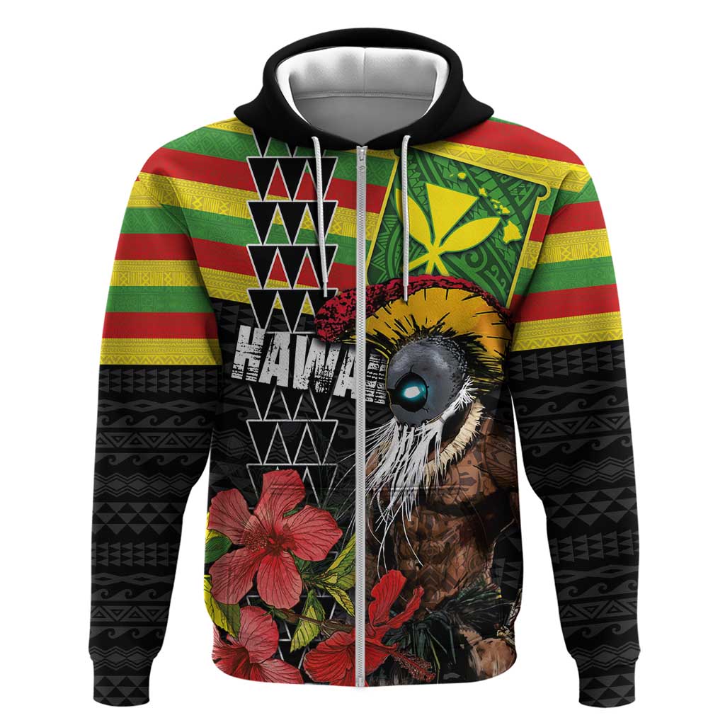 Kanaka Maoli Ikaika Warrior Hoodie Hibiscus Kakau Art and Tapa Tribal Pattern LT03 Zip Hoodie Black - Polynesian Pride