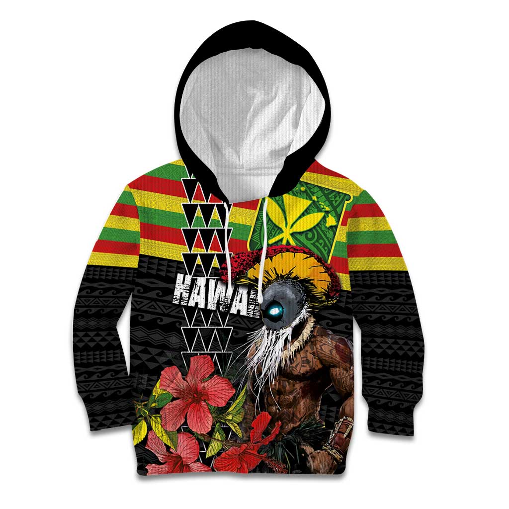 Kanaka Maoli Ikaika Warrior Kid Hoodie Hibiscus Kakau Art and Tapa Tribal Pattern LT03 Hoodie Black - Polynesian Pride