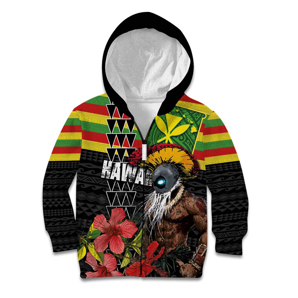 Kanaka Maoli Ikaika Warrior Kid Hoodie Hibiscus Kakau Art and Tapa Tribal Pattern LT03 Zip Hoodie Black - Polynesian Pride