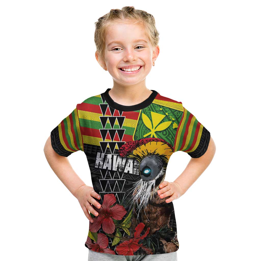 Kanaka Maoli Ikaika Warrior Kid T Shirt Hibiscus Kakau Art and Tapa Tribal Pattern LT03 Black - Polynesian Pride