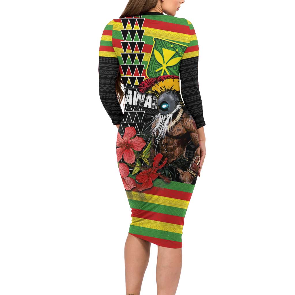 Kanaka Maoli Ikaika Warrior Long Sleeve Bodycon Dress Hibiscus Kakau Art and Tapa Tribal Pattern LT03 - Polynesian Pride