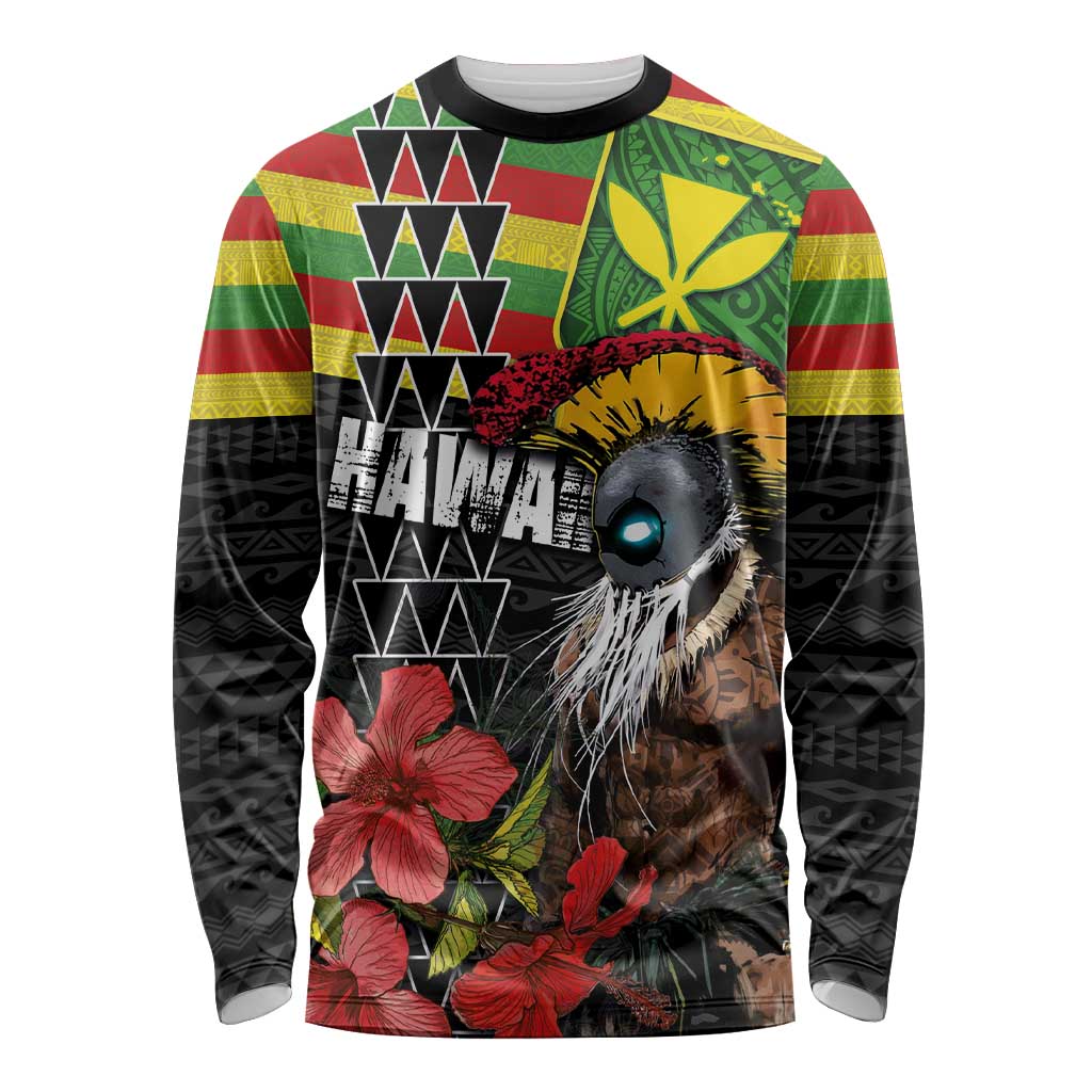 Kanaka Maoli Ikaika Warrior Long Sleeve Shirt Hibiscus Kakau Art and Tapa Tribal Pattern LT03 Unisex Black - Polynesian Pride