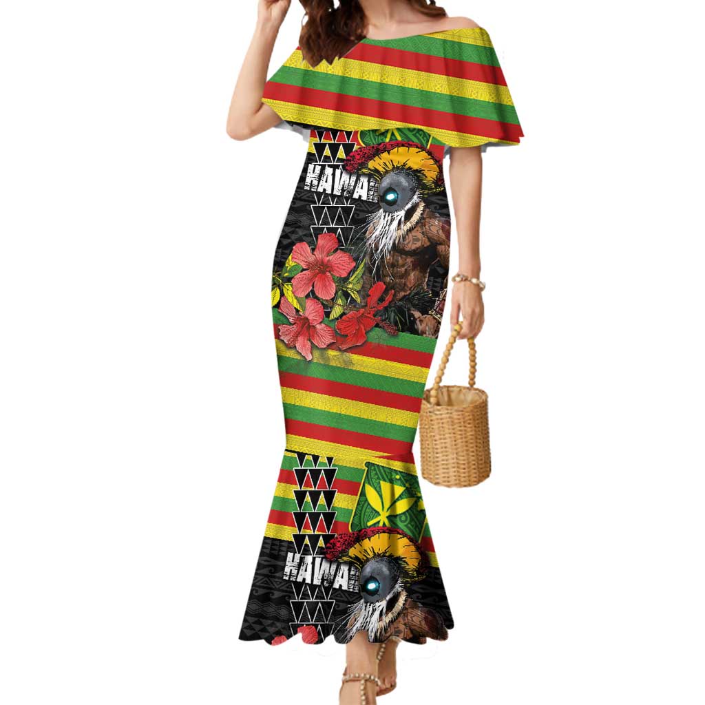 Kanaka Maoli Ikaika Warrior Mermaid Dress Hibiscus Kakau Art and Tapa Tribal Pattern LT03 Women Black - Polynesian Pride