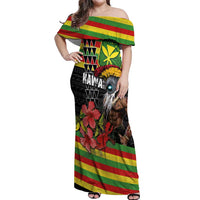 Kanaka Maoli Ikaika Warrior Off Shoulder Maxi Dress Hibiscus Kakau Art and Tapa Tribal Pattern LT03 Women Black - Polynesian Pride