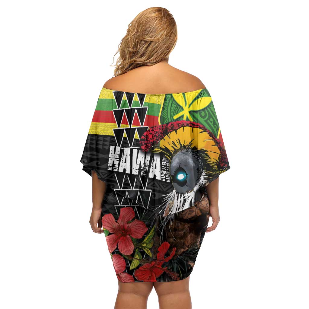 Kanaka Maoli Ikaika Warrior Off Shoulder Short Dress Hibiscus Kakau Art and Tapa Tribal Pattern LT03 - Polynesian Pride