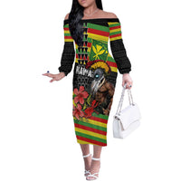 Kanaka Maoli Ikaika Warrior Off The Shoulder Long Sleeve Dress Hibiscus Kakau Art and Tapa Tribal Pattern LT03 Women Black - Polynesian Pride