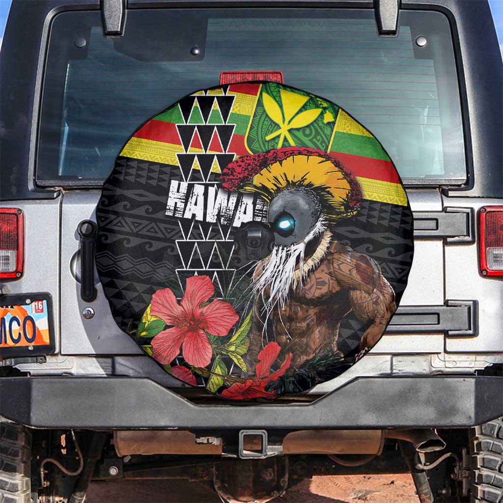 Kanaka Maoli Ikaika Warrior Spare Tire Cover Hibiscus Kakau Art and Tapa Tribal Pattern LT03 Black - Polynesian Pride