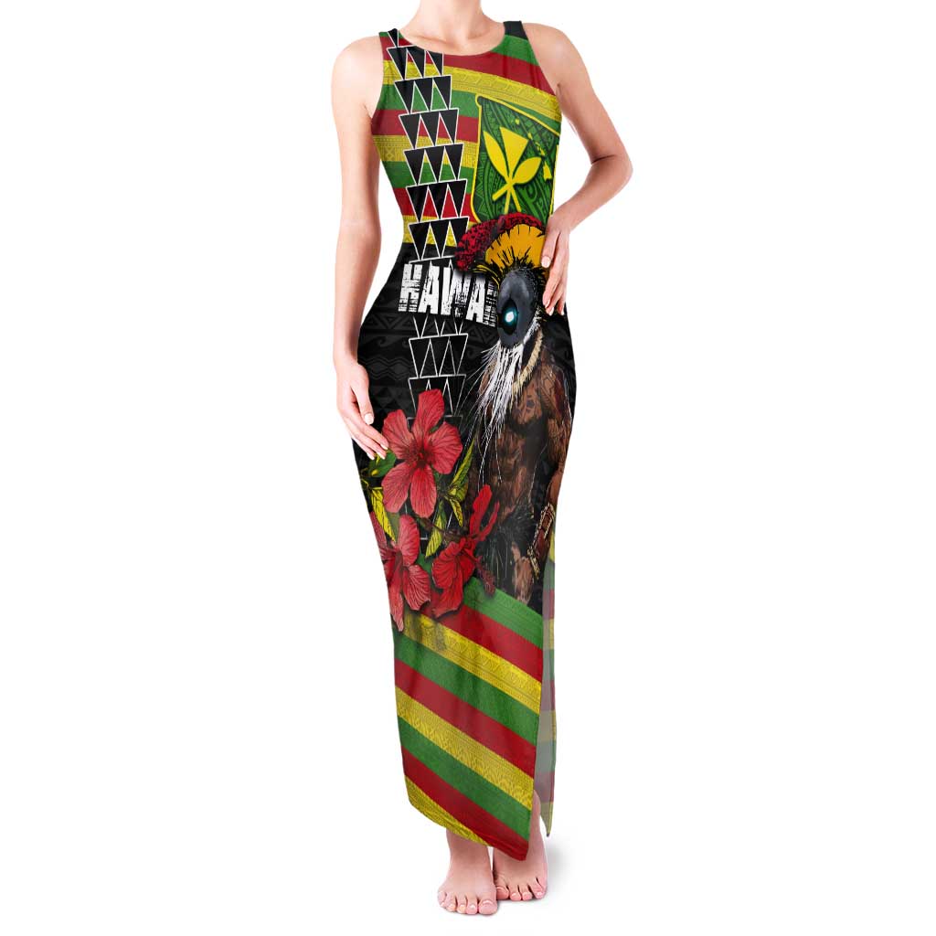 Kanaka Maoli Ikaika Warrior Tank Maxi Dress Hibiscus Kakau Art and Tapa Tribal Pattern LT03 Women Black - Polynesian Pride