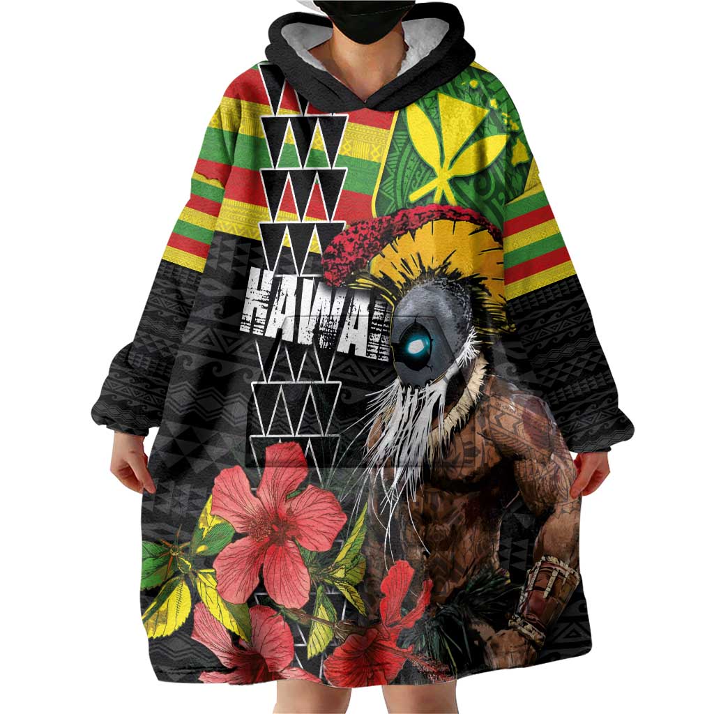 Kanaka Maoli Ikaika Warrior Wearable Blanket Hoodie Hibiscus Kakau Art and Tapa Tribal Pattern LT03 - Polynesian Pride