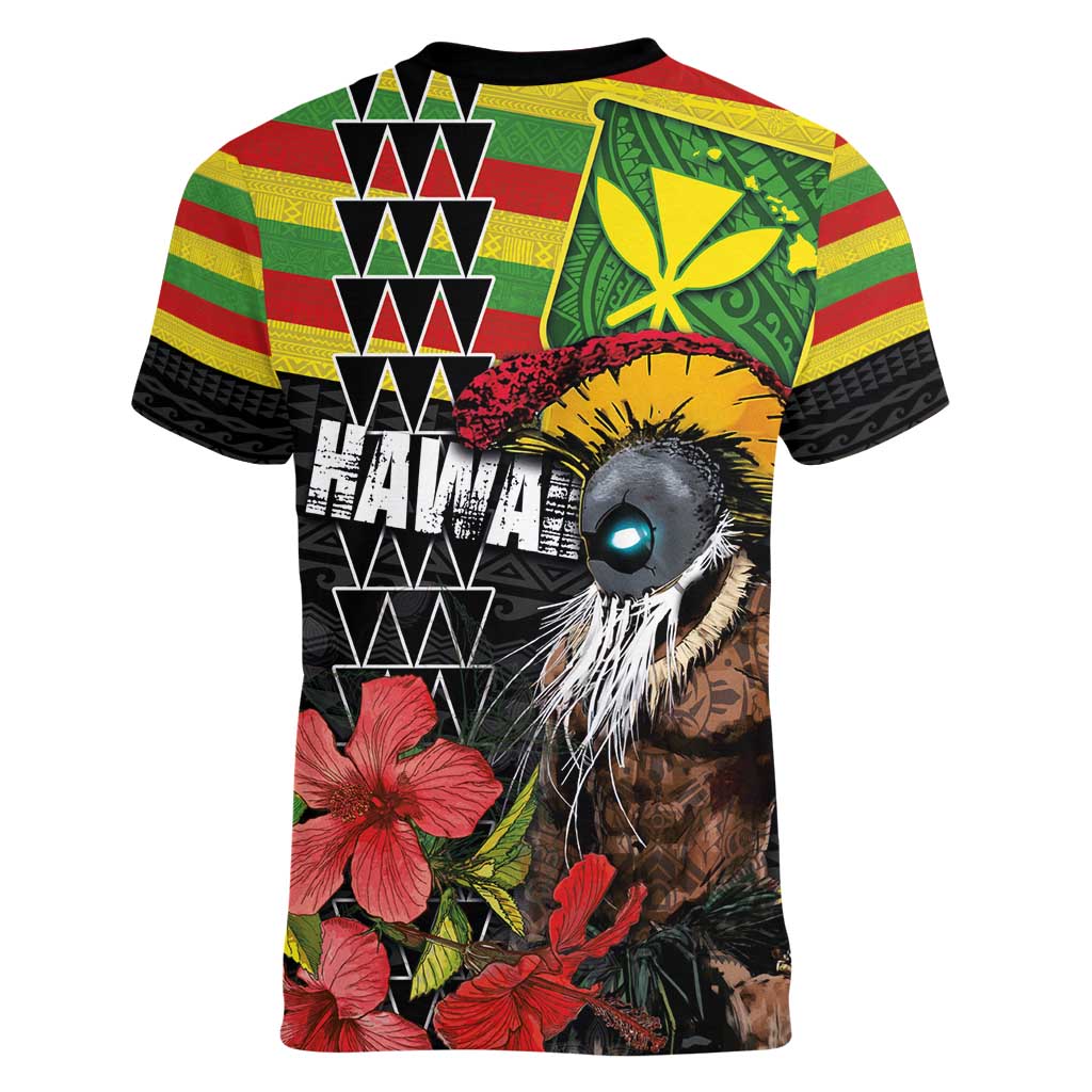 Kanaka Maoli Ikaika Warrior Women V-Neck T-Shirt Hibiscus Kakau Art and Tapa Tribal Pattern LT03 - Polynesian Pride