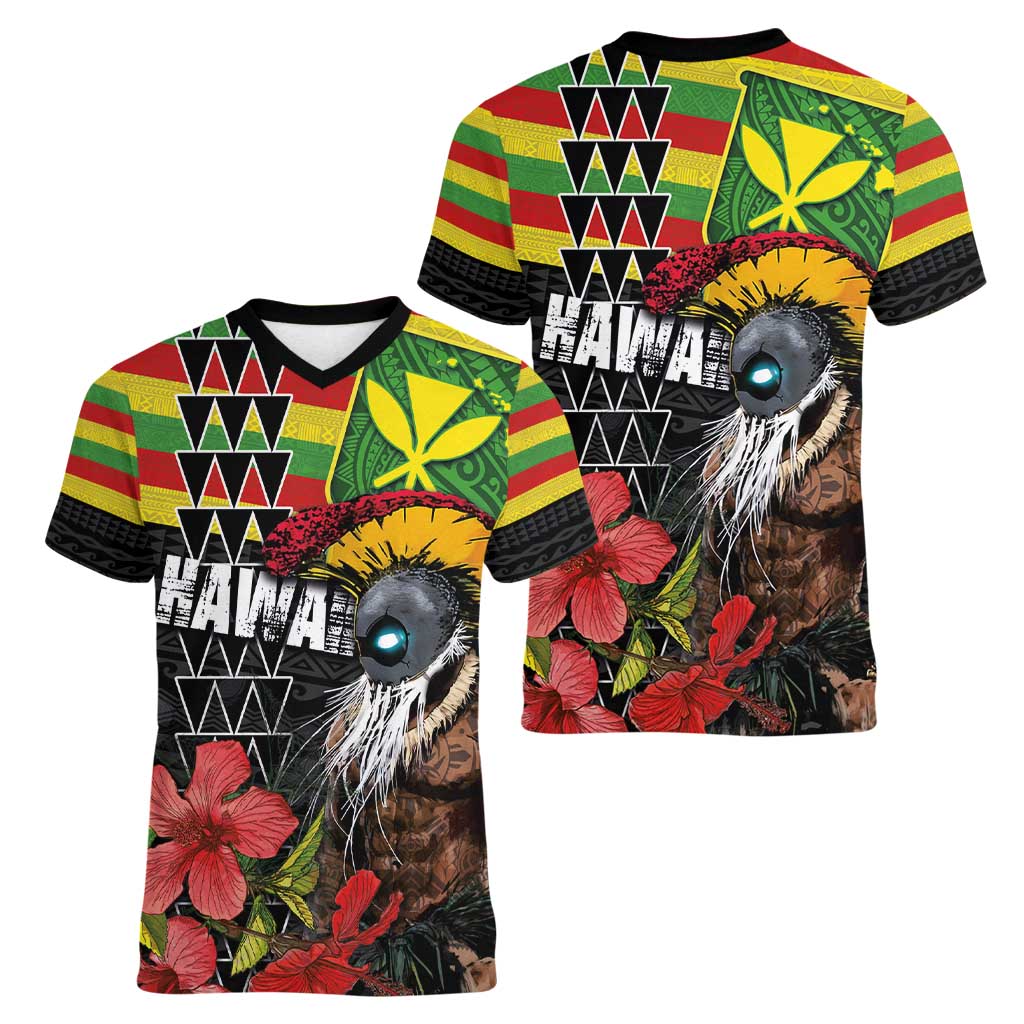 Kanaka Maoli Ikaika Warrior Women V-Neck T-Shirt Hibiscus Kakau Art and Tapa Tribal Pattern LT03 - Polynesian Pride
