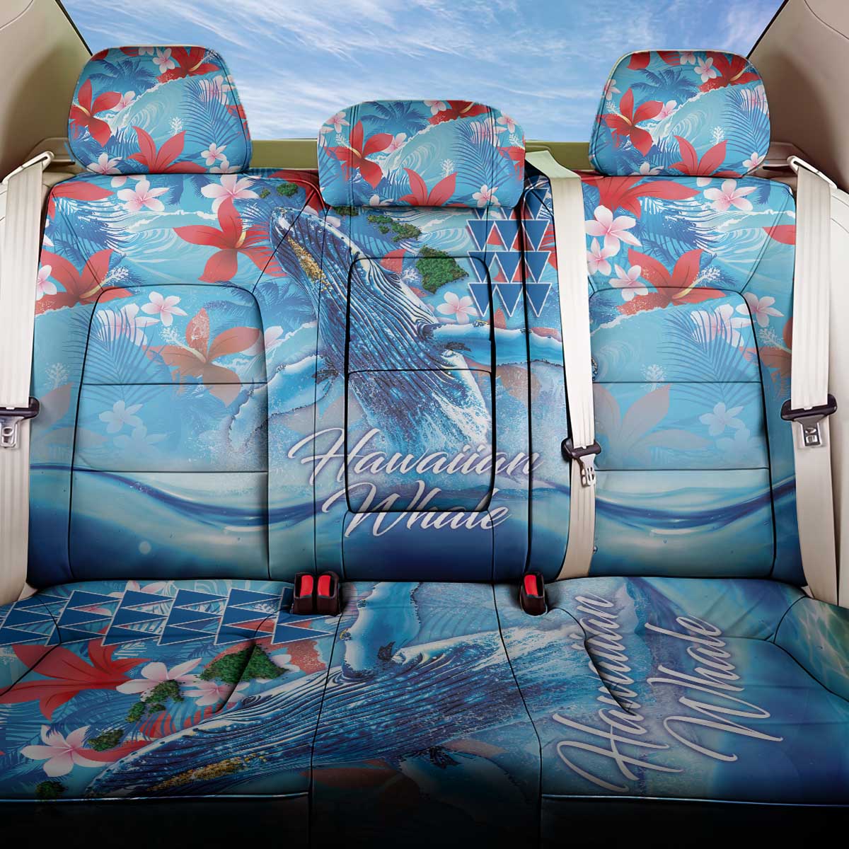 Hawaiian Waves Whale Back Car Seat Cover Kakau Art and Tropical Red Hibiscus Flowers LT03 One Size Blue - Polynesian Pride