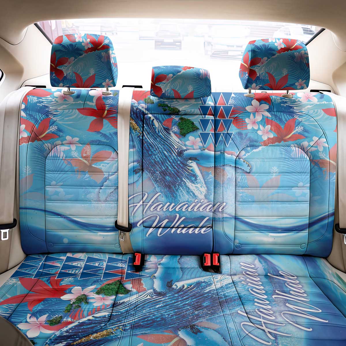 Hawaiian Waves Whale Back Car Seat Cover Kakau Art and Tropical Red Hibiscus Flowers LT03 - Polynesian Pride