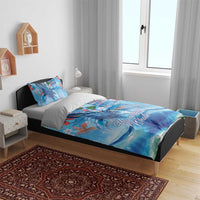 Hawaiian Waves Whale Bedding Set Kakau Art and Tropical Red Hibiscus Flowers