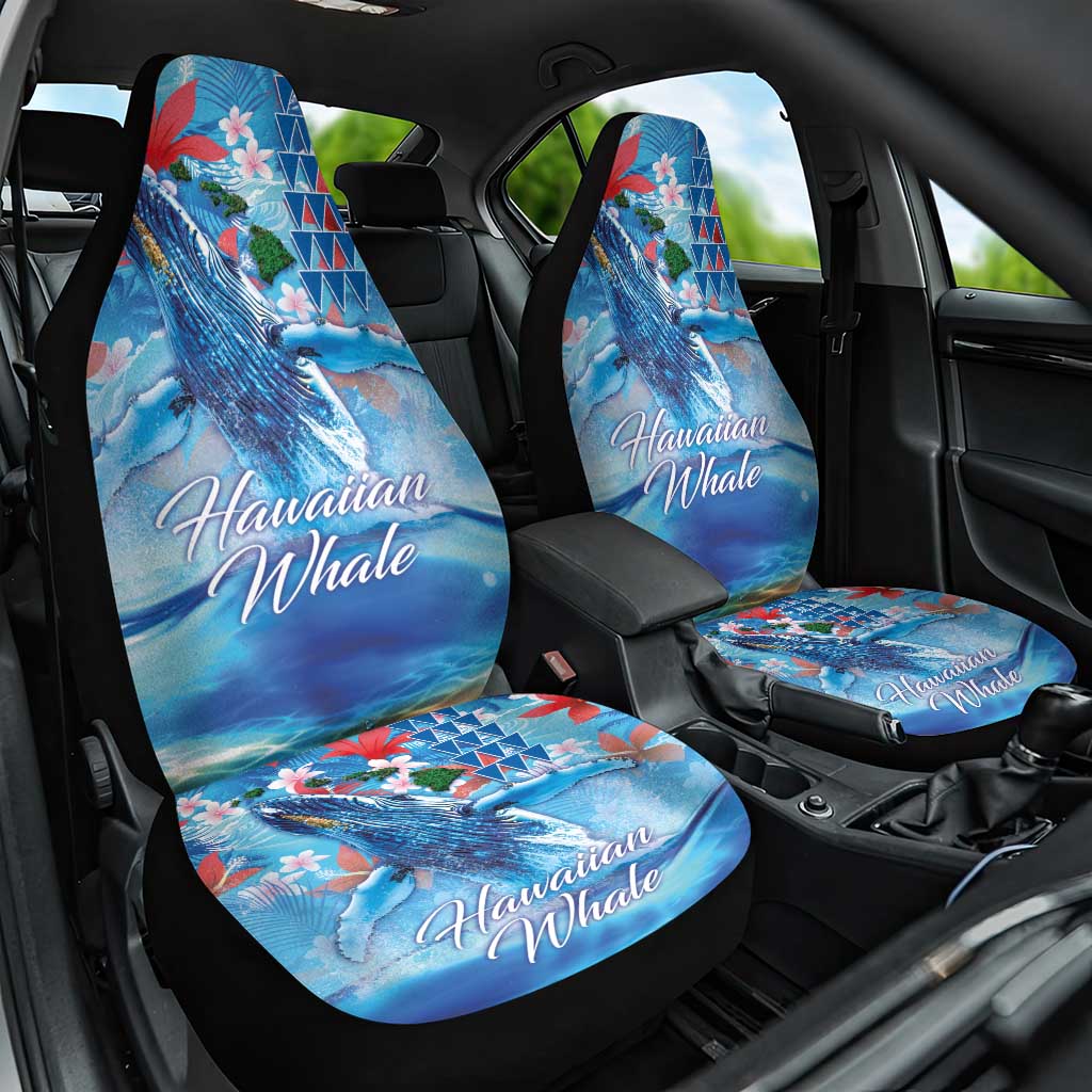 Hawaiian Waves Whale Car Seat Cover Kakau Art and Tropical Red Hibiscus Flowers LT03 One Size Blue - Polynesian Pride
