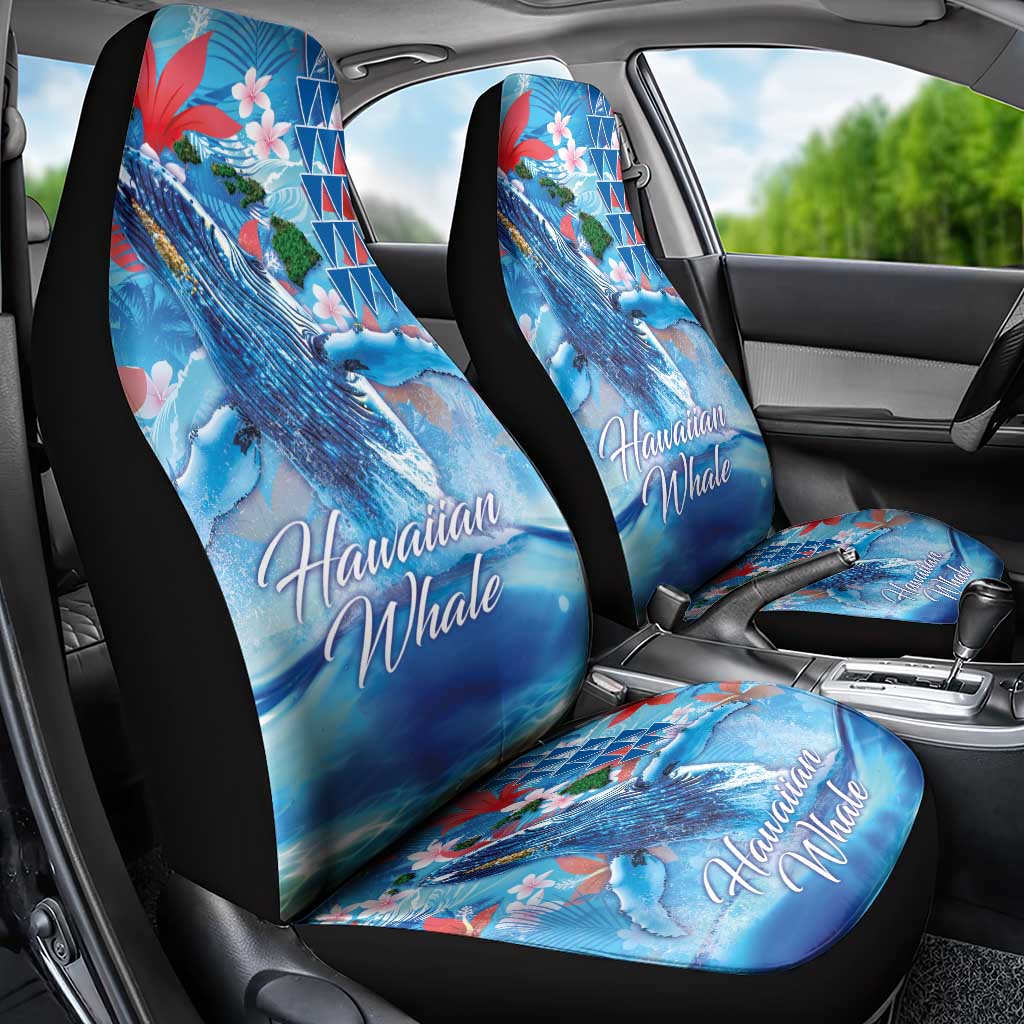 Hawaiian Waves Whale Car Seat Cover Kakau Art and Tropical Red Hibiscus Flowers LT03 - Polynesian Pride