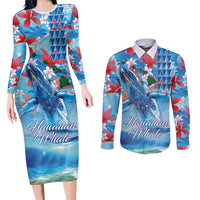 Hawaiian Waves Whale Couples Matching Long Sleeve Bodycon Dress and Long Sleeve Button Shirt Kakau Art and Tropical Red Hibiscus Flowers LT03 Blue - Polynesian Pride