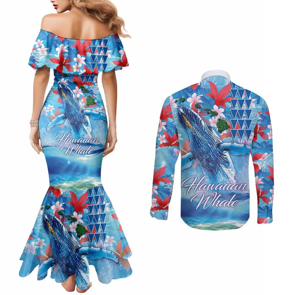 Hawaiian Waves Whale Couples Matching Mermaid Dress and Long Sleeve Button Shirt Kakau Art and Tropical Red Hibiscus Flowers LT03 - Polynesian Pride