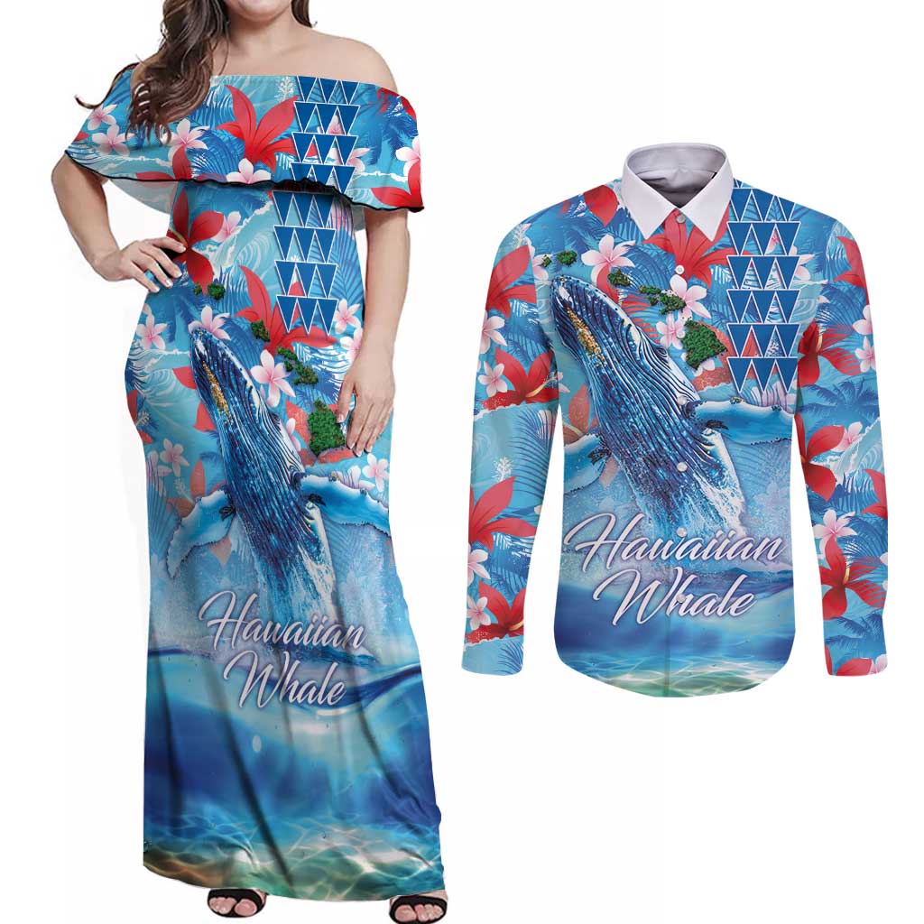 Hawaiian Waves Whale Couples Matching Off Shoulder Maxi Dress and Long Sleeve Button Shirt Kakau Art and Tropical Red Hibiscus Flowers LT03 Blue - Polynesian Pride