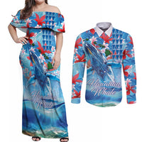 Hawaiian Waves Whale Couples Matching Off Shoulder Maxi Dress and Long Sleeve Button Shirt Kakau Art and Tropical Red Hibiscus Flowers LT03 Blue - Polynesian Pride