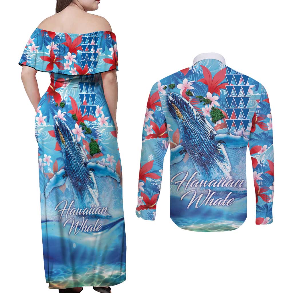 Hawaiian Waves Whale Couples Matching Off Shoulder Maxi Dress and Long Sleeve Button Shirt Kakau Art and Tropical Red Hibiscus Flowers LT03 - Polynesian Pride