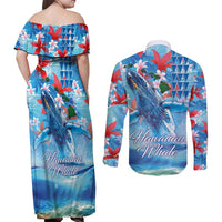 Hawaiian Waves Whale Couples Matching Off Shoulder Maxi Dress and Long Sleeve Button Shirt Kakau Art and Tropical Red Hibiscus Flowers LT03 - Polynesian Pride