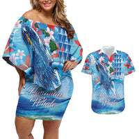 Hawaiian Waves Whale Couples Matching Off Shoulder Short Dress and Hawaiian Shirt Kakau Art and Tropical Red Hibiscus Flowers LT03 Blue - Polynesian Pride