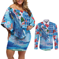Hawaiian Waves Whale Couples Matching Off Shoulder Short Dress and Long Sleeve Button Shirt Kakau Art and Tropical Red Hibiscus Flowers LT03 Blue - Polynesian Pride