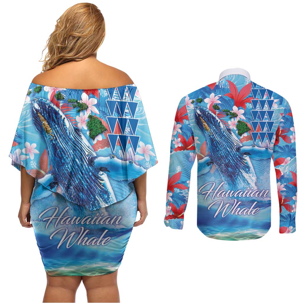 Hawaiian Waves Whale Couples Matching Off Shoulder Short Dress and Long Sleeve Button Shirt Kakau Art and Tropical Red Hibiscus Flowers LT03 - Polynesian Pride