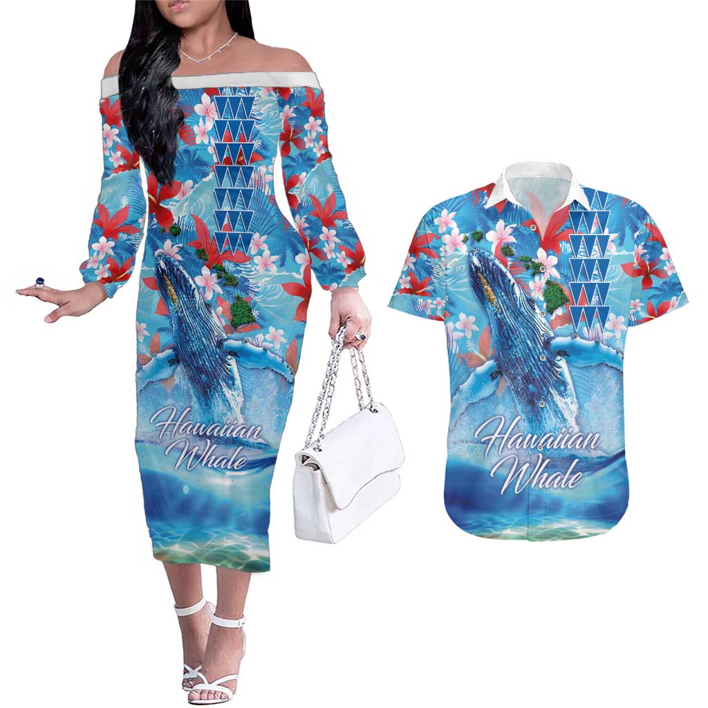 Hawaiian Waves Whale Couples Matching Off The Shoulder Long Sleeve Dress and Hawaiian Shirt Kakau Art and Tropical Red Hibiscus Flowers LT03 Blue - Polynesian Pride