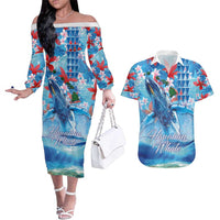 Hawaiian Waves Whale Couples Matching Off The Shoulder Long Sleeve Dress and Hawaiian Shirt Kakau Art and Tropical Red Hibiscus Flowers LT03 Blue - Polynesian Pride