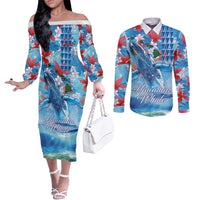 Hawaiian Waves Whale Couples Matching Off The Shoulder Long Sleeve Dress and Long Sleeve Button Shirt Kakau Art and Tropical Red Hibiscus Flowers LT03 Blue - Polynesian Pride